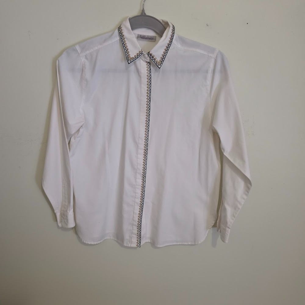 Vintage Karen Scott Embroidered Collar Button Up Shirt Cotton Rich Cream 90's M